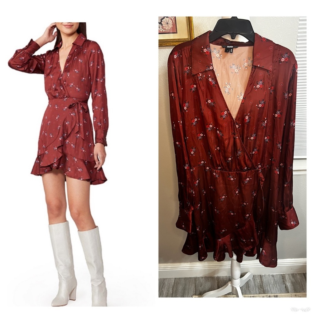 Paige Parisa Mini Wrap Collared Ruffle Dress Long Sleeve Red Floral Medium M
